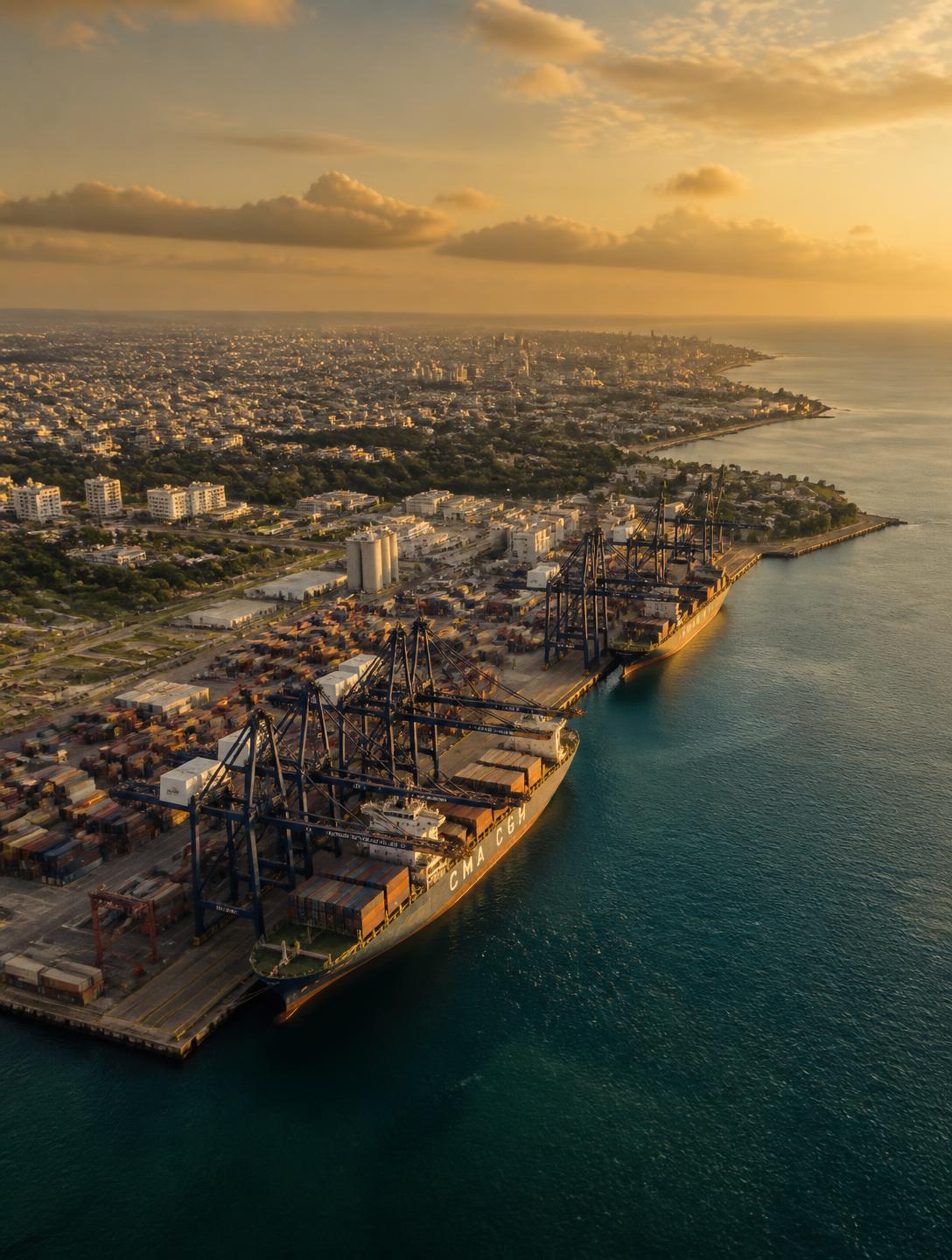 Aerial view of the Santo Domingo harbor at golden hour
